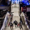 Andreas Langreiter/Red Bull Content Pool. Team Living The Dream compete against Aftersky Team Sweden during the Team Competition of the fourth stage of Red Bull Crashed Ice, the Ice Cross Downhill World Championship in Edmonton, Canada on March 13, 2015.